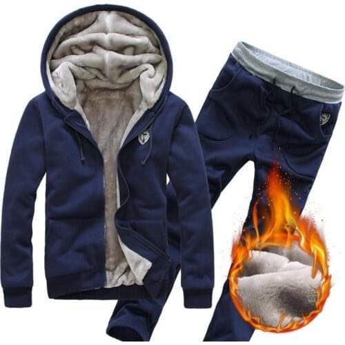 Winter Thicken Set For Mens Parkas Hooded Solid Plus Velvet Zipper Warmer Cotton Coat Casual Outware Male Clothing Suit M-3XL