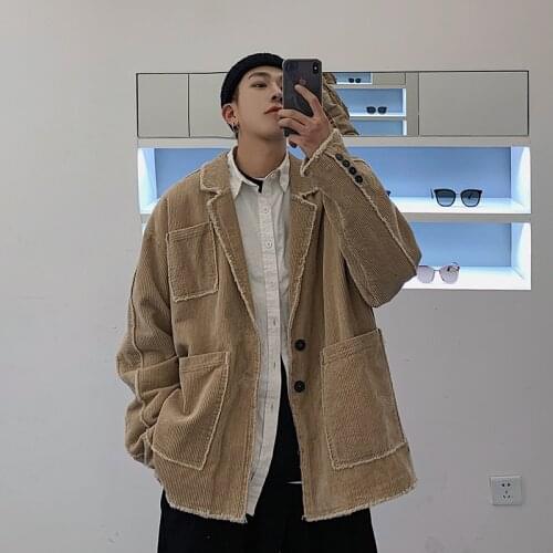 2019 Mens Corduroy Fabric Blazers Suit Jackets Clothes Male Coats Fitted Cotton Loose Grey/black/Apricot Color Outerwear M L