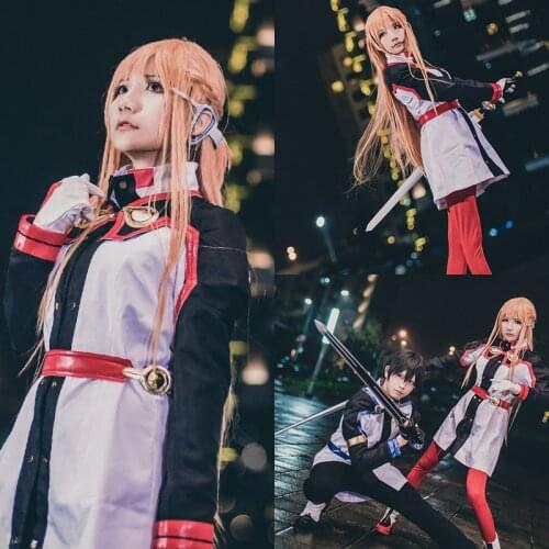 Anime Sword Art Online Asuna Yuuki Dress Cosplay Costumes Uniform for Halloween SAO Asuna Battle Suit Outfits Full Set with Wig