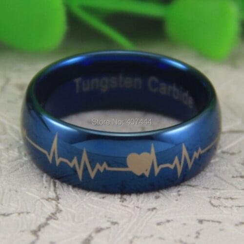 Free Shipping YGK JEWELRY Hot Sales 8MM Shiny Blue Dome Comfort Fit Forever Love HeartBeat Tungsten Wedding Ring