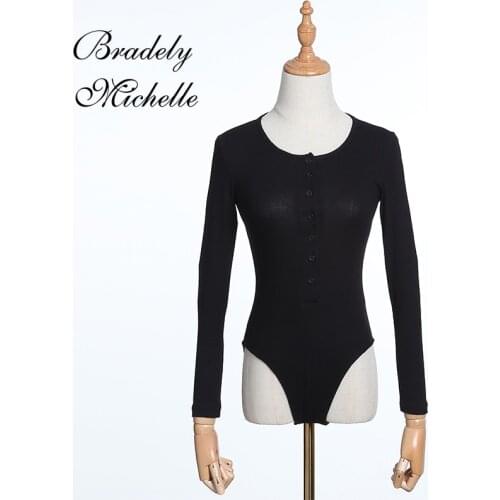 BRADELY MICHELLE New Arrival Pure Color Casual One Piece Bodycon Bodysuit Long Sleeve O-Neck Basic White Black