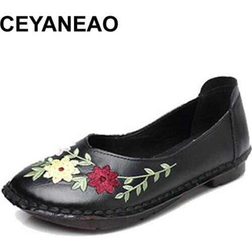 CEYANEAO novelty lace-up non-slip flat genuine leather shoes spring summer autumn women comfortable breathable printing flats