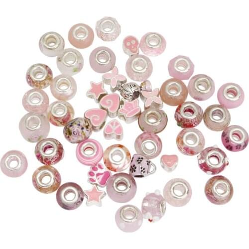 Julie Wang 40PCS Pink European Beads Round Resin Glass Enamel Big Hole Spacer Beads Bracelet Jewelry Making Accessory