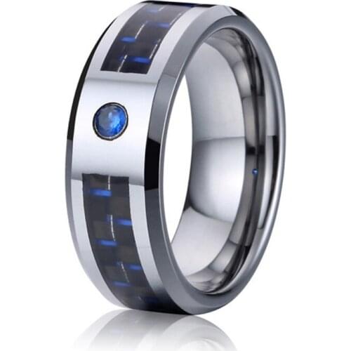 Classic 6mm wedding band tungsten carbide rings for men and women girls Blue cz stone carbon fiber finger ring