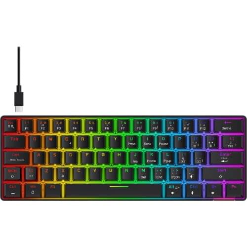 Havit Mini Mechanical Keyboard Gaming Wired Type-C USB 63 Keys Led Backlit Keyboard Red Switch ES Version for PC Laptop Gamer