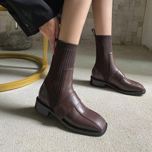 Sweet Female Chelsea Short Boots Genuine Leather Square Heels Women Warm Socks Ankle Boots Dancing Party Shoes Woman