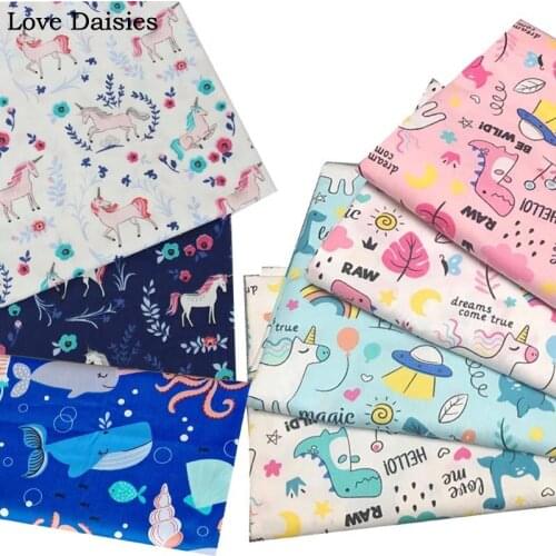 Cartoon WHITE NAVY BLUE AQUA PINK Unicorn Horse Dinosaur Whale 100% Cotton Twill fabric for DIY Kid Bedding Cushion Clothe Sheet