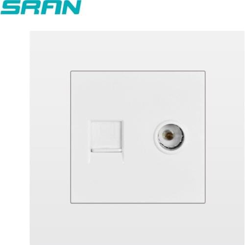 SRAN wall TV and internet socket,white/black/gold new flame retardant PC panel 86mm*86mm household TV+RJ45 outlet