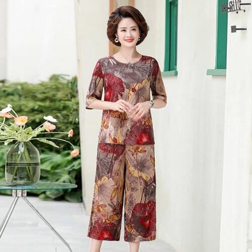 NEW 2021 Summer Womens Suits Middle-aged Elderly Mothers Plus Size Printed T-Shirt Top @ Wide Leg Pants 2 Pcs Sets Pants Sets
