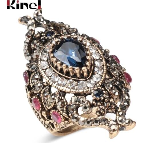 Kinel Luxury Turkish Rings For Lady Women Vintage Style Jewelry Full Rhinestone Big Wide Blue Crystal Flower Ring 2017 New Gift