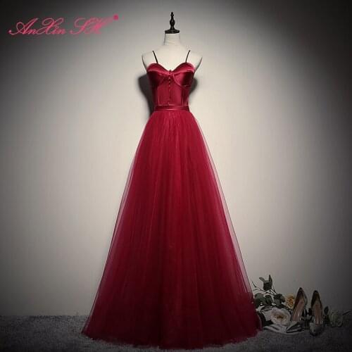 AXJFU princess wine red satin evening Dress vintage party spaghetti strap bride button sleeveless host red lace evening dress