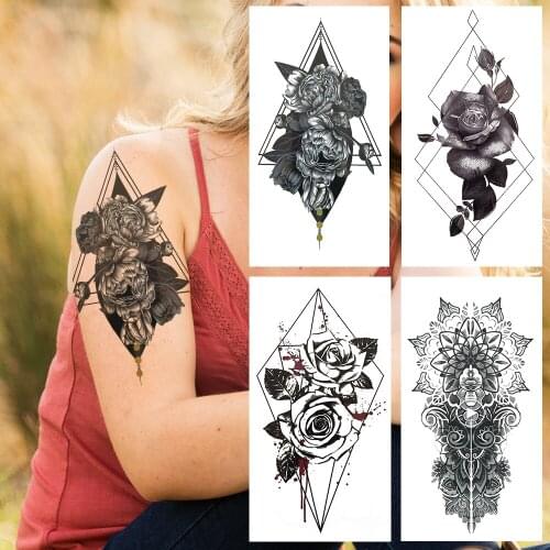 Triangle Rose Flower Temporary Tattoo For Women Men Mehndi Henna Tattoos Sticker India Lace Waterproof Fake Tatoos Body Armbands