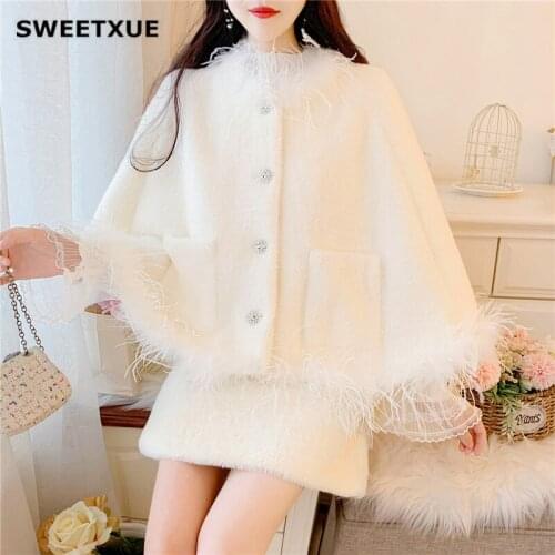 SWEETXUE Women Skirt Sets 2020 Autumn Winter Mink Fluffy Collar Cloak Jacket + Mini Skirt Fashion Cute Fairy Chic Two-Piece Suit