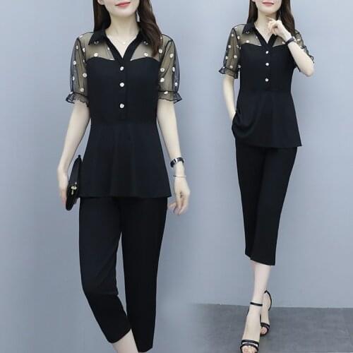 Plus Size Lace Patchwork Turn-down Collar 2-piece Set Summer Embroidery Top + Loose Casual Two-piece Suit Female Fashion Suit