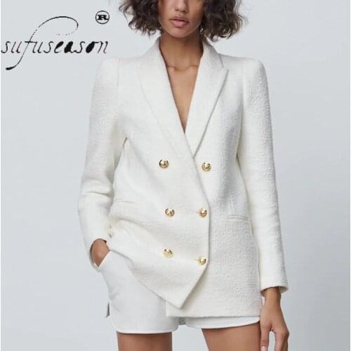 Sufuseason Womens Twin Button Long Sleeve Tweed Jacket ZA 2021 Blazers for Woman with Pockets Office Top Suit for Women Solid
