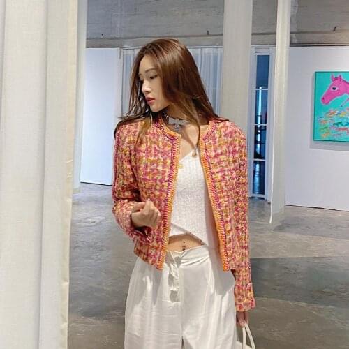 Vintage Elegant Women Colorful Woven Red Sim Jacket Short Houndstooth Tweed Short Blouse Spring Fahsion Clothes Brand New 2021