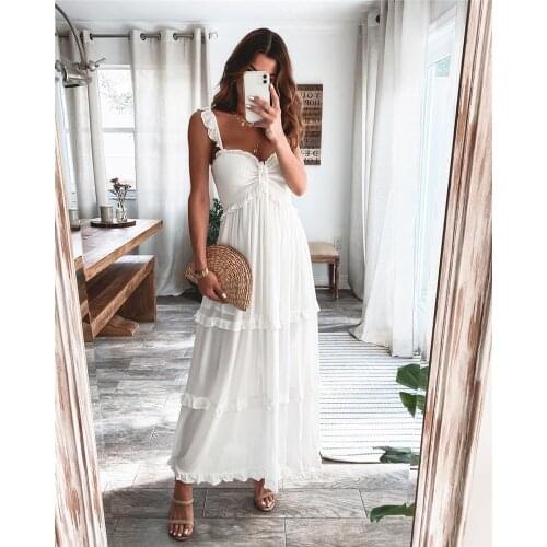 Women Dress 2021 Summer Sleeveless Spaghetti Strap Ruffle Maxi Dress Solid Color Bohemian Beach Loose Dresses Female