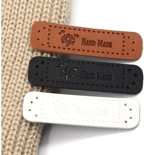 20Pcs Tree Handmade Label PU Leather Tags For Clothes Brown Black White Hand Made Labels DIY Hats Bags Sew Accessories 55x15MM