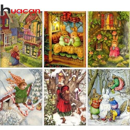 Huacan 5d DIY Diamond Painting Full Square Rabbit Girl Mosaic Diamond Embroidery Sets Animals Winter Wall Paintings Gift