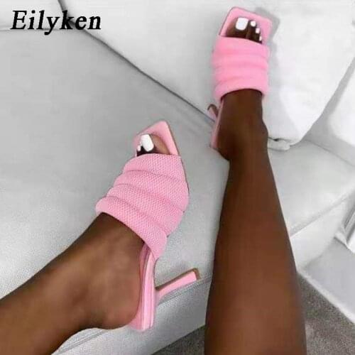 Eilyken 2021 New Elegant Women Party Dress Shoes Fashion Breathable Mesh Square Toe Ladies Slippers Sandals Thin High Heels