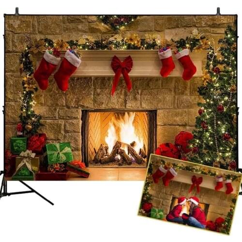 Christmas Tree Backdrop Fireplace Photo Background White Brick Wall Photography Backdrops Santa Claus Sock Photo Studio 914