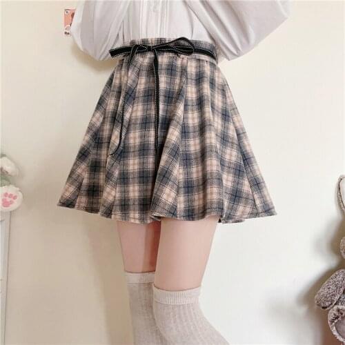 Harajuku Lolita Girls Brushed Thick Plaid Woolen Skirt Female Autumn Winter Bow Bow Tie Student Skirt
