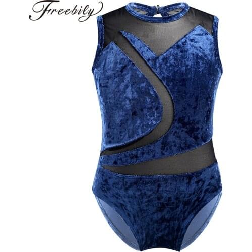 Girls Sleeveless Soft Pleuche Mesh Splice Gymnastics Leotard One-Piece Cutout Back Gymnastics Costume Child Kids Dance Wear
