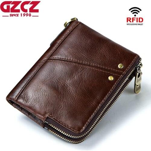 GZCZ RFID Genuine Leather Mens Wallet Fashion Male Short Walet Small Zipper Purse With Coin Packet ID Card Holder Handy Vallet