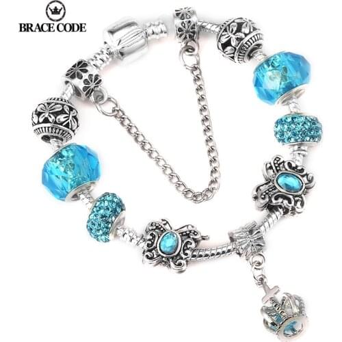 BRACE CODE Silver Plated Snake Bone Chain Blue Beautiful Women Bracelet, DIY Crown Pendant Fine Womens Bracelets Gifts