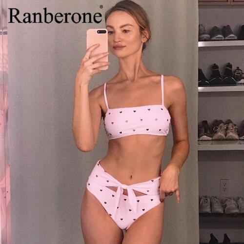 2 Piece Bandage Swimsuit Bikini Push Up Swimwear Women Love Bowknot Belt Solid High Waist Suit Bathing Bikini Swimsuits Biquini