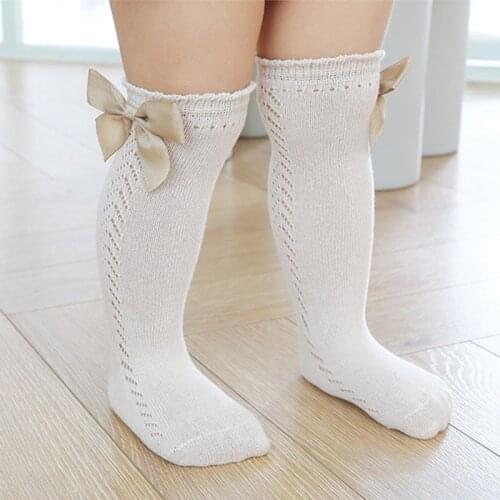 Summer Baby Girl Socks Soft Cotton Toddler Kids Bow Long Socks Solid Color Mesh Baby Knee High Socks