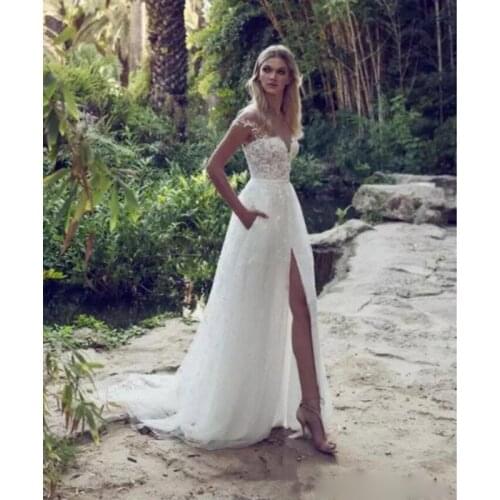 Limor Rosen Latest Wedding Dresses Illusion Off Shoulder Sweep Train Backless Garden Beach Bridal Gowns Lace Applique