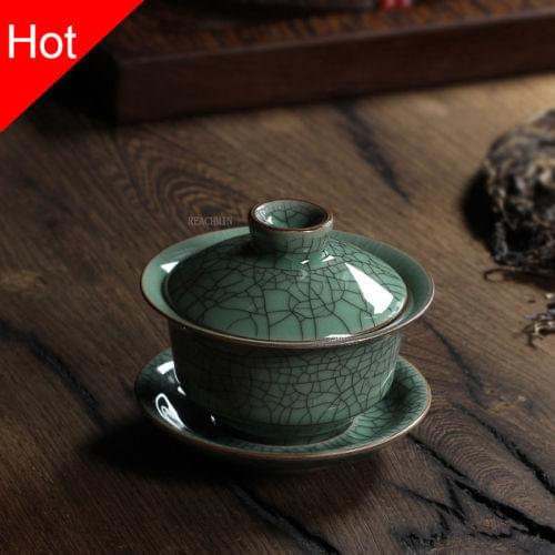 Longquan Celadon Porcelain Gaiwan China Teacups Crackle Glaze Teapot Drinkware 150ml