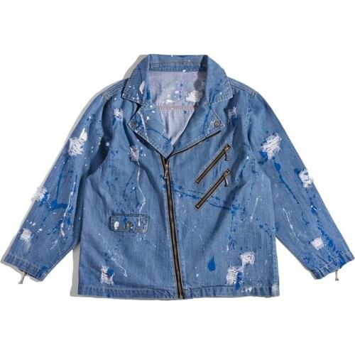 Mens Boys Unsex Lapel Collar Denim Jeans Zipper Coats Jacket Paint Peacoat Outwear Motorcycle Punk Slim Fit Blue New 2020