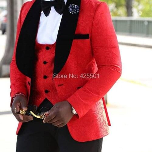 2020 New Arrival Red Jacquard Men Suit Jacket 3 Piece Set Formal Groom Tuxedo Traje Hombre Slim Fit Prom Wedding Best Man Blazer