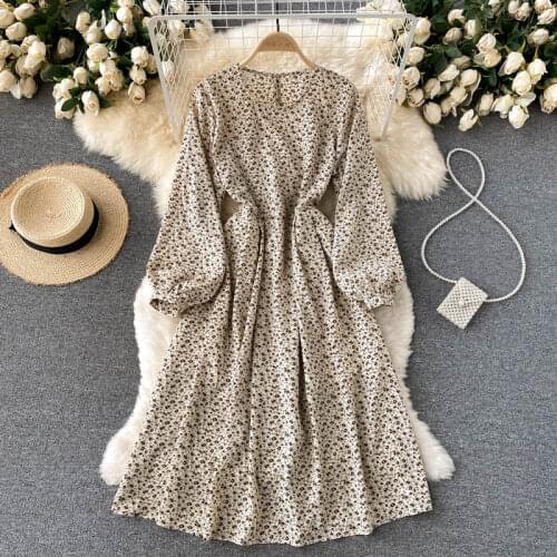 2021 Autumn Femme New Light Mature Wind Korean Chiffon Bubble Sleeve Dress Women Vintagef Robe Ashion Casual Slim A-line Dress