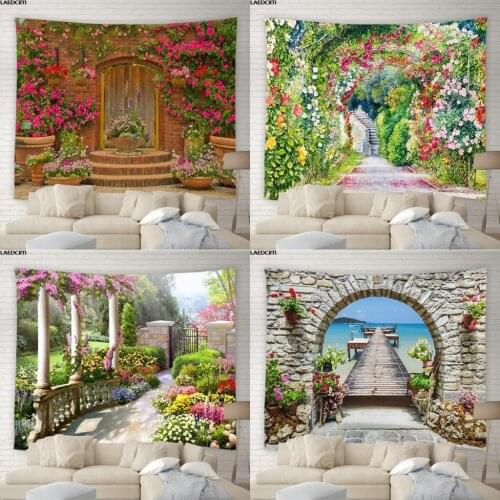 Scenery Tapestry Flower Green Plant Garden Retro Street View Stone Brick Wooden Door Wall Hanging Living Room Bedroom Home Decor