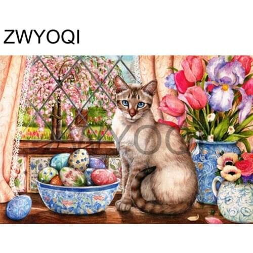 Full Round Diamond embroidery cat egg lily Full Square Diamond mosaic cat egg lily vase 5D DIY Diamond painting Cross stitch cat