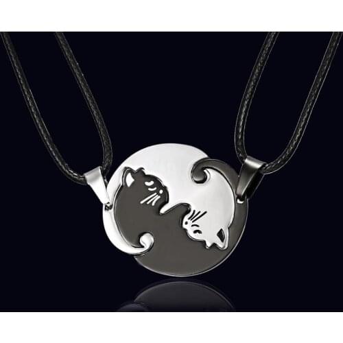 HI MAN Simple Stainless Steel Black And White Cat Hugs Couple Pendant Necklace For Men Women Friendship Gift Wholesale