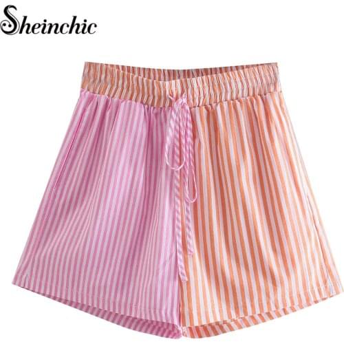 Streetwear Shorts Women Fitness Korean Summer 2020 Woman High Waist Wide Leg Cargo Womens Striped Shorts Feminino