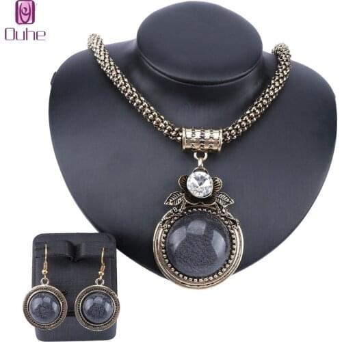 Vintage Big Dubai Retro Gold Gem Round Crystal Jewelry Sets Nigerian Wedding Costume Necklace Earring Party gift