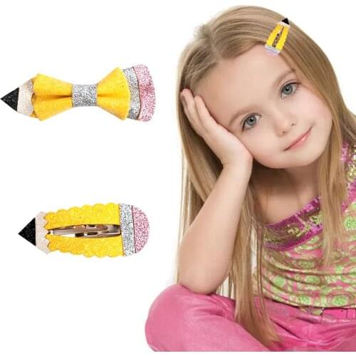 AHB Sequins Pencil Print Hair Bows for Girls Back to School Supplier Hairgrips Pen Quality Ribbon Bows Clips Kids Sweet Headwear