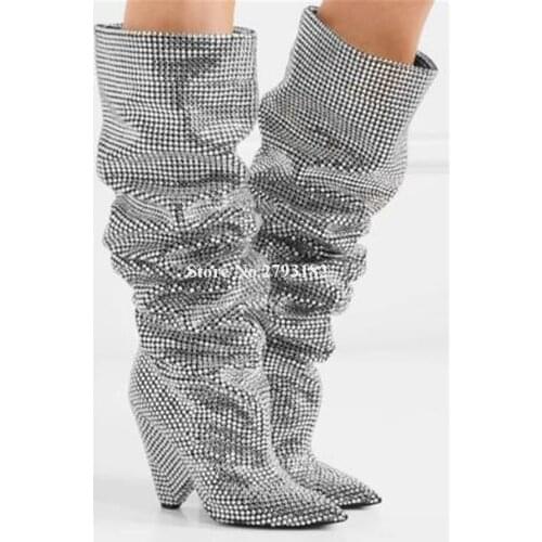 Ladies Charming Bling Bling Pointed Toe Rhinestone Spike Heel Over Knee Boots Shining Black Gold Crystal Long Boots Club Shoes