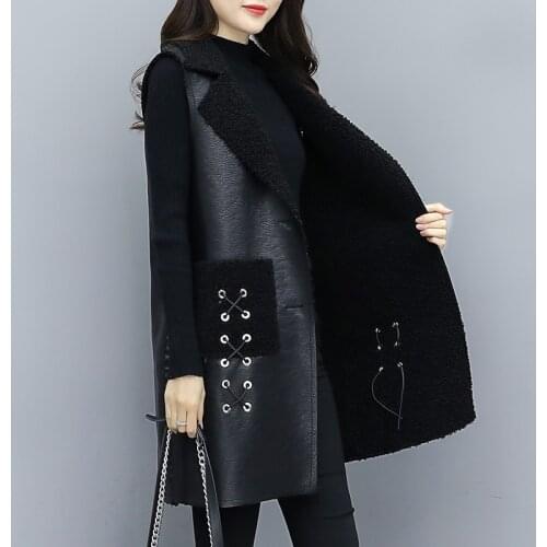 5XL 2020 Autumn Winter Black Lamb Wool Vest Coat Women Plus Sze Single-Breasted Sleeveless Plus Velvet Warm Leather Vestcoat New