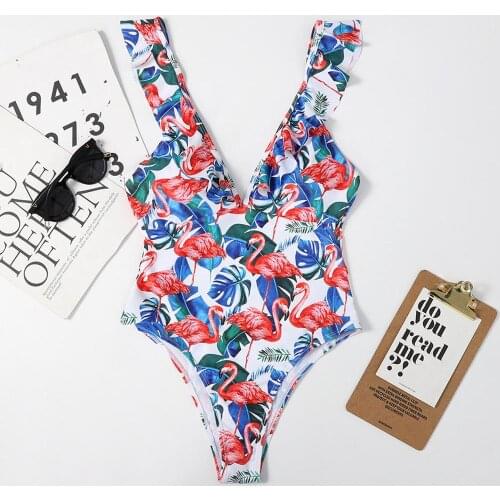 Summer Swimsuit Female Fashion New Deep V-Neck Ruffle Push Up Bandage Padded One Piece Bathing Suit Bikini Set Swimwear Women