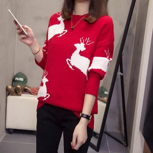Womens Sweater Knit Pullover Plus Size Sweater Christmas Costume Women Casual Loose Snowflake & Elk Print Knitwear Shirt f1802