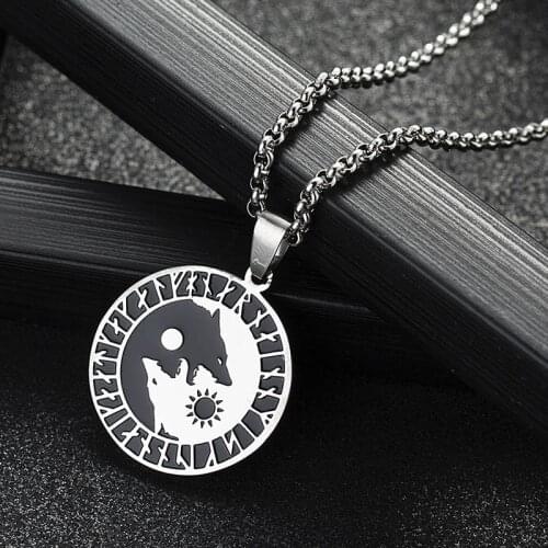 Wolf Sun Moon Stainless Steel Norse Vikings Pendant Necklace For Woman Jewelry Necklace