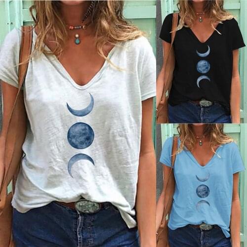 40# Vintage Women T-shirts Moon Sun Print Casual Harajuku Tee Tops V-neck Short-sleeved Summer Oversized T-shirt Рубашка Женская