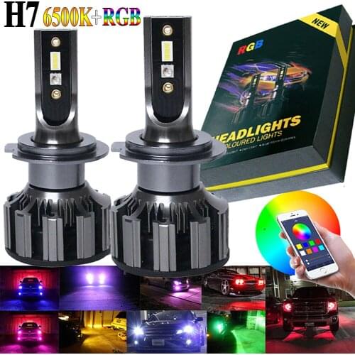 H7 12V/24V Car LED RGB Headlight Kit Bluetooth Control Fog Lights Bulbs Module High Power COB LED Chip Voice-activated Lamps