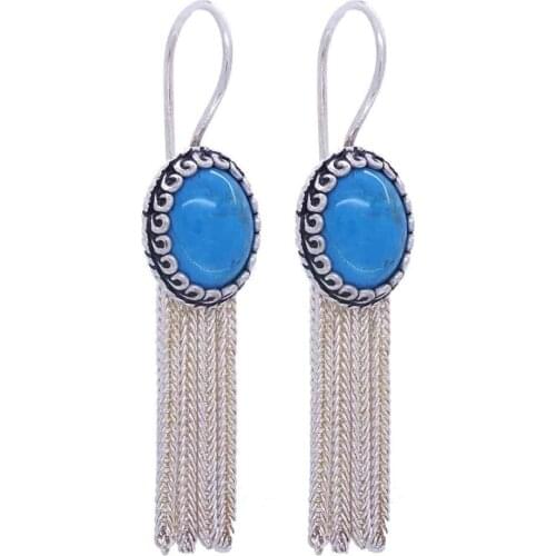 Turquoise Gemstone Mardin Mat Silver Lady Earrings 925 Sterling Vernacular Charms